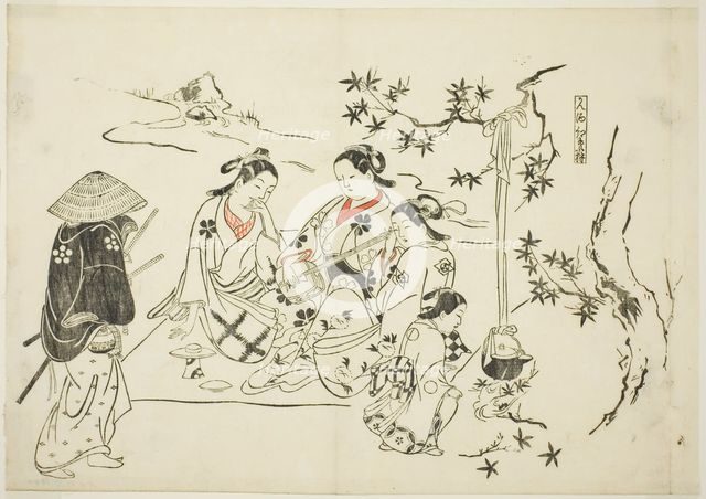 Heating Sake with Maple Leaves (Kanzake momijigari), no. 9 from a series of 12 prints..., c.1716/35. Creator: Okumura Masanobu.