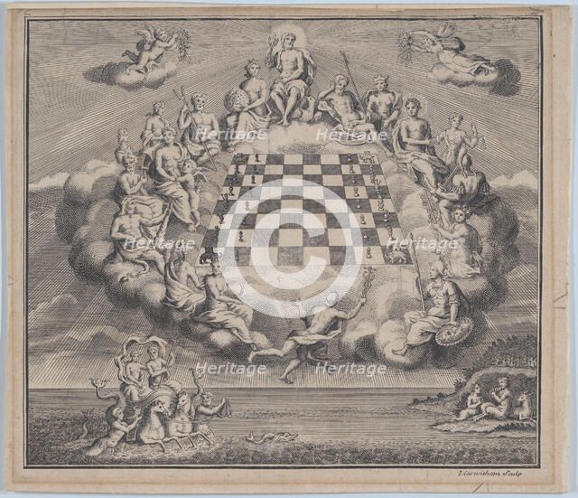 Heavenly Scene with the Gods of Olympus Surrounding a Chess Board, 1723-1741. Creator: John Carwitham.