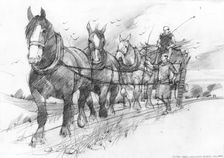 Heavy horses pulling a haycart or goods wagon driven by two Cistercian monks. Artist: Ivan Lapper