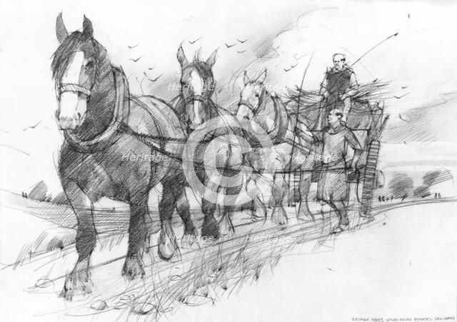 Heavy horses pulling a haycart or goods wagon driven by two Cistercian monks. Artist: Ivan Lapper.