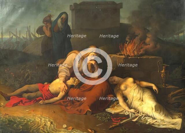Hecabe with the bodies of her children Polyxena and Polydoros at the grave of Achilles, 1809. Creator: Karl Russ.
