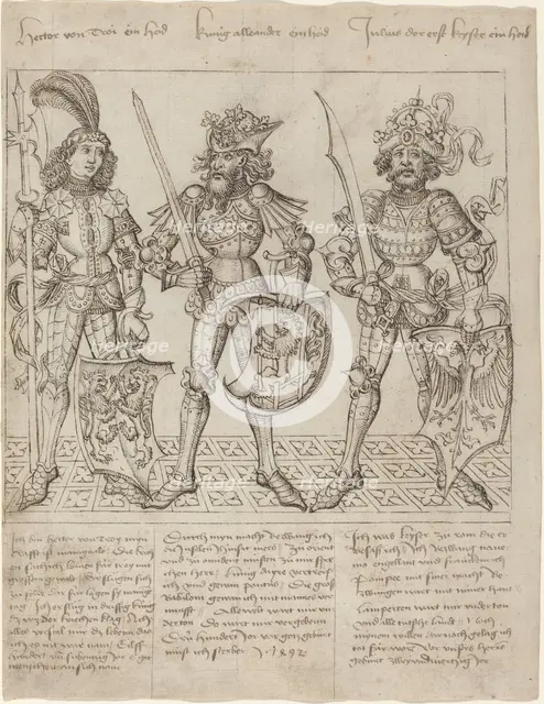 Hector of Troy, Alexander the Great and Julius Caesar, 1492. Creator: Master of the Strassburg Chronicle.