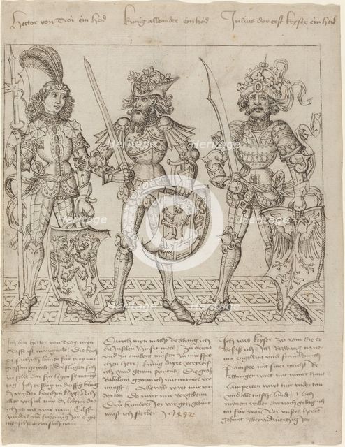 Hector of Troy, Alexander the Great and Julius Caesar, 1492. Creator: Master of the Strassburg Chronicle.