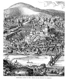 Heidelberg Castle and town viewed across the Neckar river, Germany, in 1620