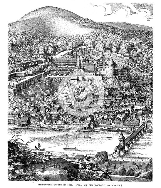 Heidelberg Castle and town viewed across the Neckar river, Germany, in 1620. Artist: Unknown