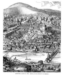 Heidelberg Castle and town viewed across the Neckar river, Germany, in 1620