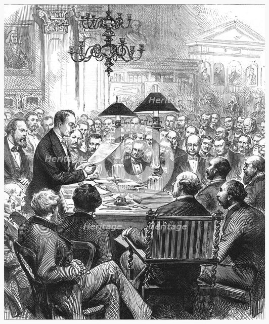 Heinrich Schliemann lecturing in London, 1877. Creator: Unknown.