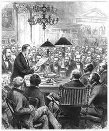 Heinrich Schliemann lecturing in London, 1877. Creator: Unknown