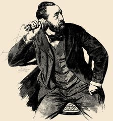 Heinrich von Stephan (1831-1897) on the phone, 1877. Creator: Anonymous