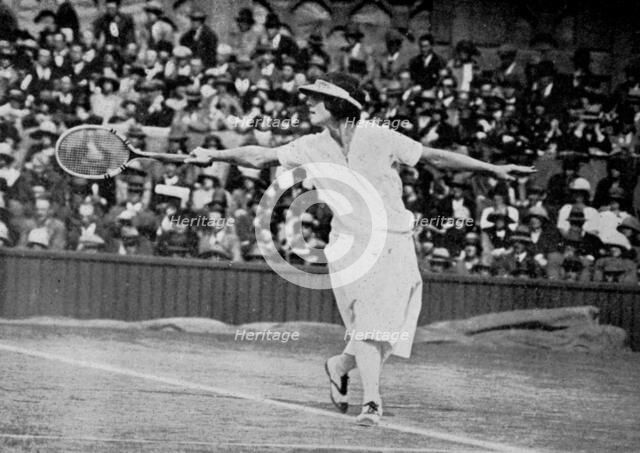 Helen Wills playing her first Wimbledon final against Kathleen McKane, 1924. Artist: Tropical Press