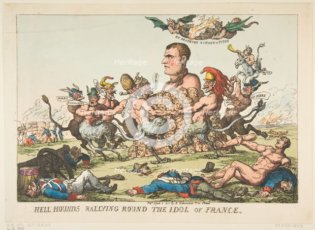 Hell Hounds Rallying Round the Idol of France, April 8, 1815. Creator: Thomas Rowlandson.