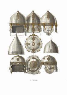 Helmets. From the Antiquities of the Russian State, 1849-1853. Creator: Solntsev, Fyodor Grigoryevich (1801-1892)