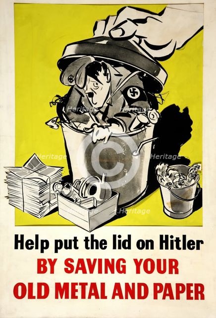 Help put the lid on Hitler by saving your old metal and paper', WWII poster, between 1939 and 1946. Creator: Central Office of Information.