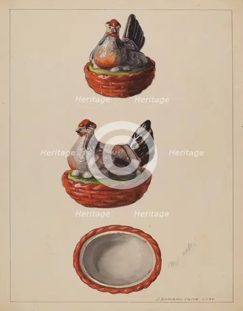 Hen on Basket, 1937. Creator: J. Howard Iams.