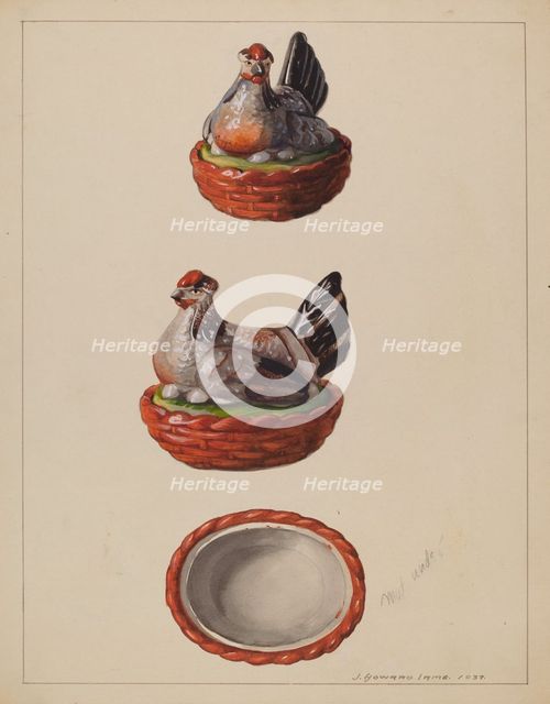 Hen on Basket, 1937. Creator: J. Howard Iams.
