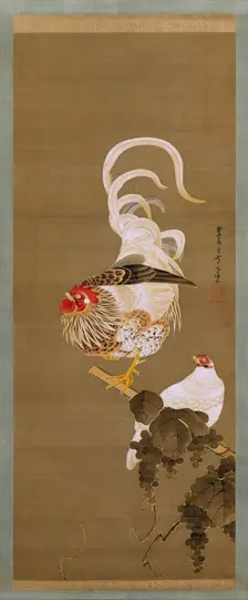 Hen and Rooster with Grapevine, 1792. Creator: Ito Jakuchu