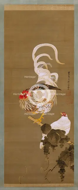 Hen and Rooster with Grapevine, 1792. Creator: Ito Jakuchu.