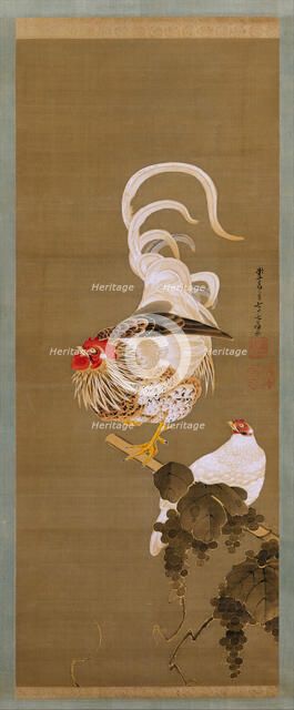 Hen and Rooster with Grapevine, 1792. Creator: Ito Jakuchu.