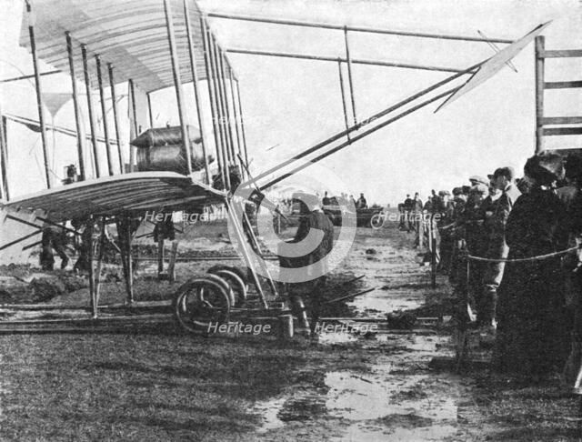 Henri Farman and his 50 hp Gnome biplane, Blackpool Aviation Meeting, Lancashire, 1909 (1933).  Artist: Flight Photo.