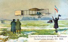 Henri Farman, French aviator, winning prize for first circular kilometre flight, Paris, Jan 1908