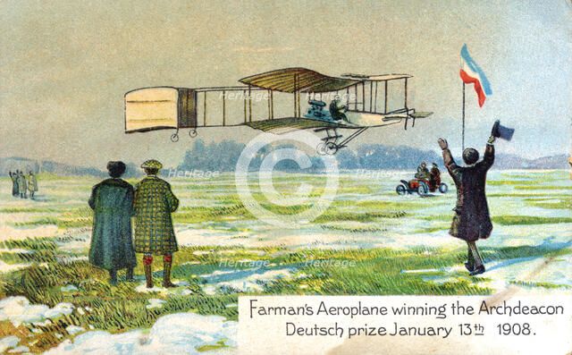 Henri Farman, French aviator, winning prize for first circular kilometre flight, Paris, Jan 1908. Artist: Unknown