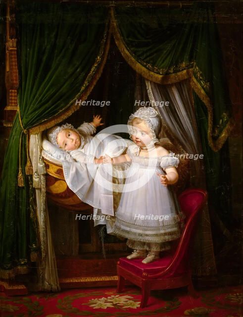 Henri of Artois, Count of Chambord, duc de Bordeaux in his cradle with his sister Louise Marie Thérè Artist: Hersent, Louis (1777-1860)