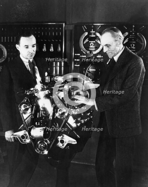 Henry and Edsel Ford with a Ford V8 engine, (c1940s?). Artist: Unknown