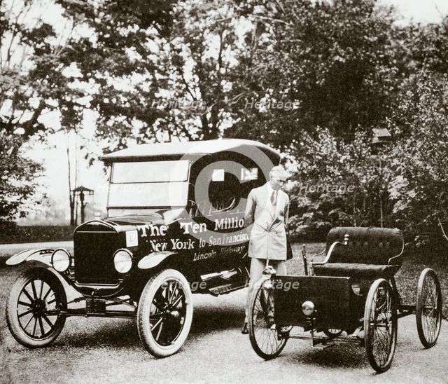 Henry Ford, American car manufacturer, with two of his cars, USA, 1924.  Creator: Unknown.