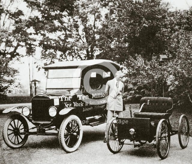 Henry Ford, American car manufacturer, with two of his cars, USA, 1924. Artist: Unknown