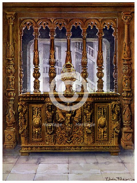 Henry II carved coffer or bahut and oak screen of the same French Period, 1910.Artist: Edwin Foley