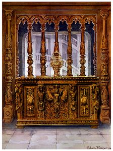 Henry II carved coffer or bahut and oak screen of the same French Period, 1910.Artist: Edwin Foley