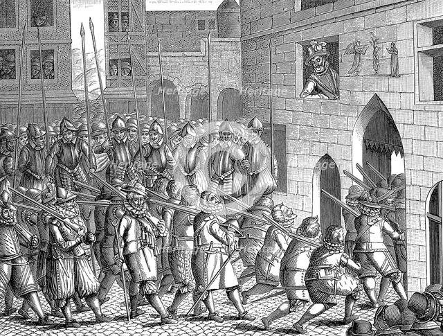 Henry IV of France watching the departure of the Spaniards from Paris, 22 March 1594. Artist: Unknown