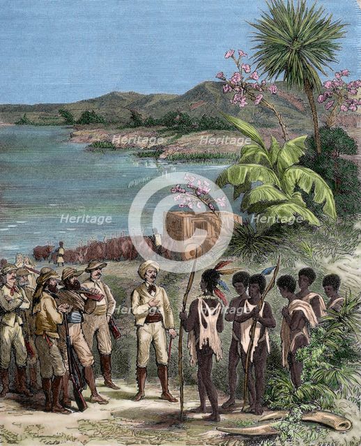 Henry Morton Stanley and David Livingstone in Africa, 19th century.  Creator: Unknown.