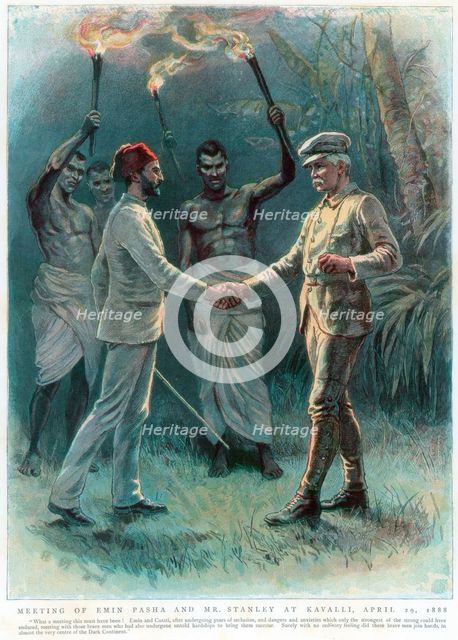 Henry Morton Stanley, Welsh journalist and explorer, meeting Emin Pasha at Kavalli, 29 April 1888 Artist: Unknown