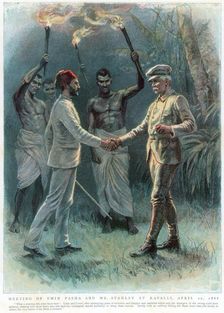 Henry Morton Stanley, Welsh journalist and explorer, meeting Emin Pasha at Kavalli, 29 April 1888