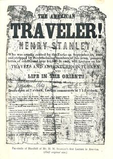 Henry M.Stanley, Handbill from Lecture Tour in America, At age 31 discovered Dr.Livingstone in Afric