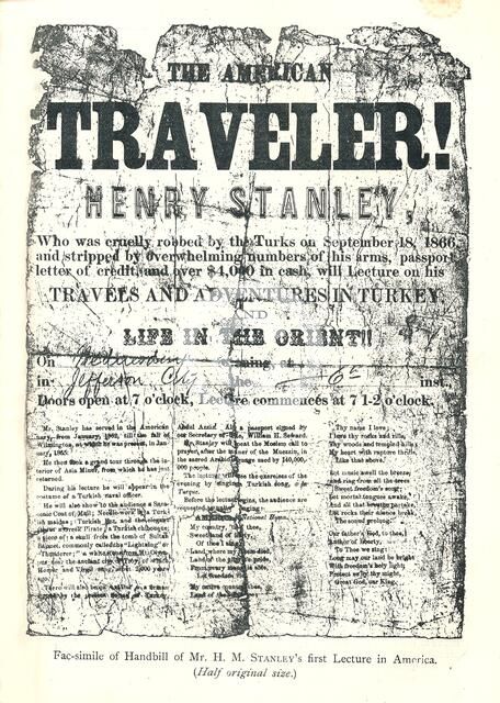 Henry M.Stanley, Handbill from Lecture Tour in America, At age 31 discovered Dr.Livingstone in Afric Artist: Unknown