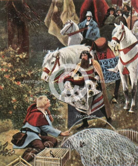 Henry the Fowler being offered the crown while trapping birds, (1900), (1936).  Creator: Hermann Vogel.