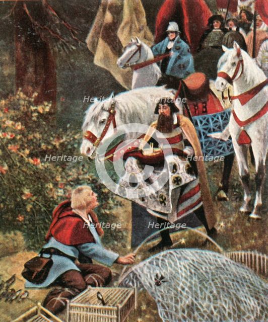 Henry the Fowler being offered the crown while trapping birds, (1900), (1936).  Creator: Hermann Vogel.