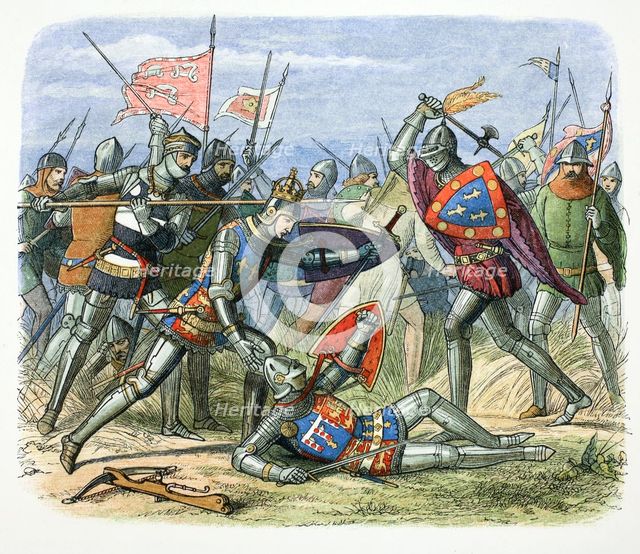 Henry V of England attacked by the Duke of Alencon at the Battle of Agincourt, 1415 (1864). Artist: James William Edmund Doyle