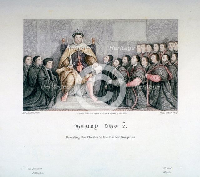 Henry VIII granting the charter to the Barber Surgeons, 16th century, (1817).                     Artist: William P Sherlock