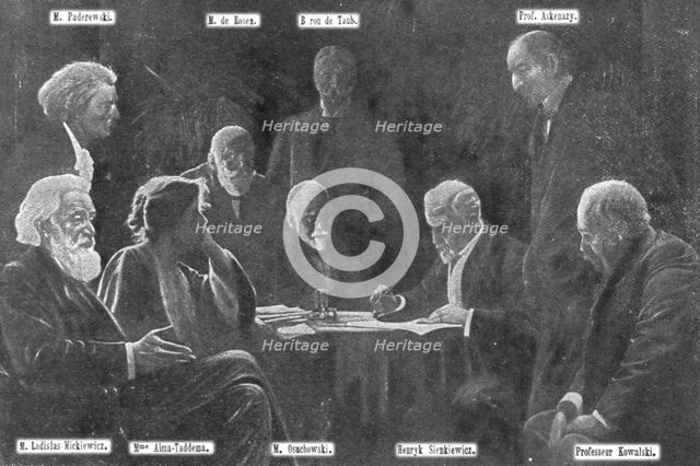 'Henryk Sienkiewicz et les membres du Comite general de secours pour les victimes..., 1916. Creator: Leon Kaufmann.
