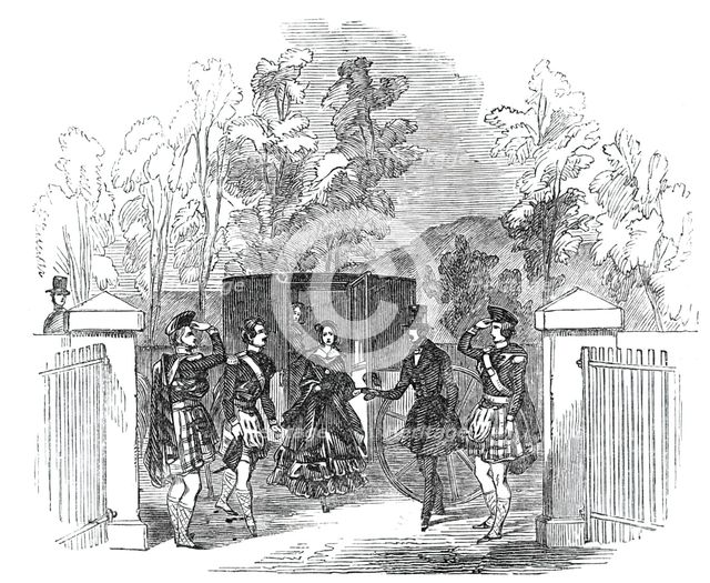 Her Majesty and Prince Albert alighting at Blair Athol Church, 1844. Creator: Ebenezer Landells.