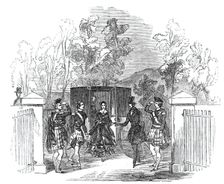 Her Majesty and Prince Albert alighting at Blair Athol Church, 1844. Creator: Ebenezer Landells