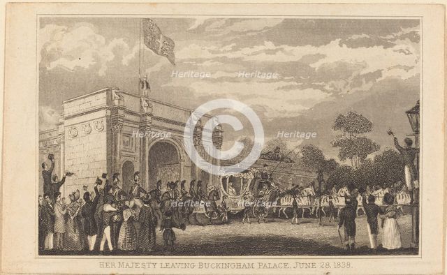 Her Majesty Leaving Buckingham Palace, June 28, 1838 [left half], 19th century. Creator: Unknown.
