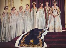 Her Majesty the Queen with her Mistress of the Robes and the six Maids of Honour 1953. Artist: Sterling Henry Nahum Baron