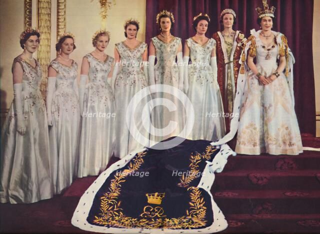 'Her Majesty the Queen with her Mistress of the Robes and the six Maids of Honour', 1953. Artist: Sterling Henry Nahum Baron.