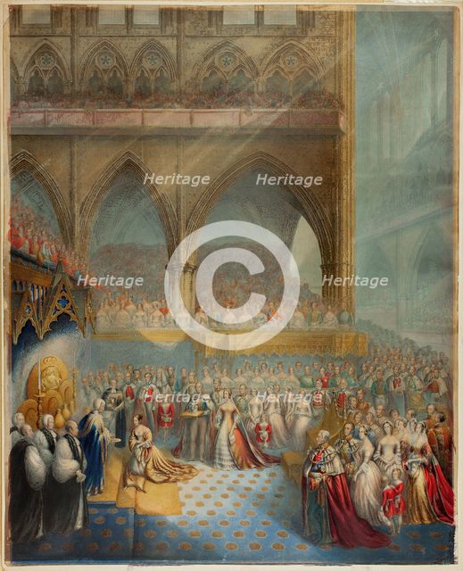 Her Most Gracious Majesty Queen Victoria Receiving the Sacrament at her Coronation, n.d. Creator: George Baxter.