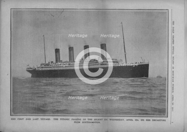 'Her First and Last Voyage: the Titanic Passing up the Solent on Wednesday, April 10th...', 1912. Creator: Unknown.