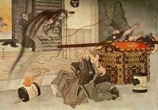 Her ghastly face and blood-stained garments... 1919. Creator: Unknown